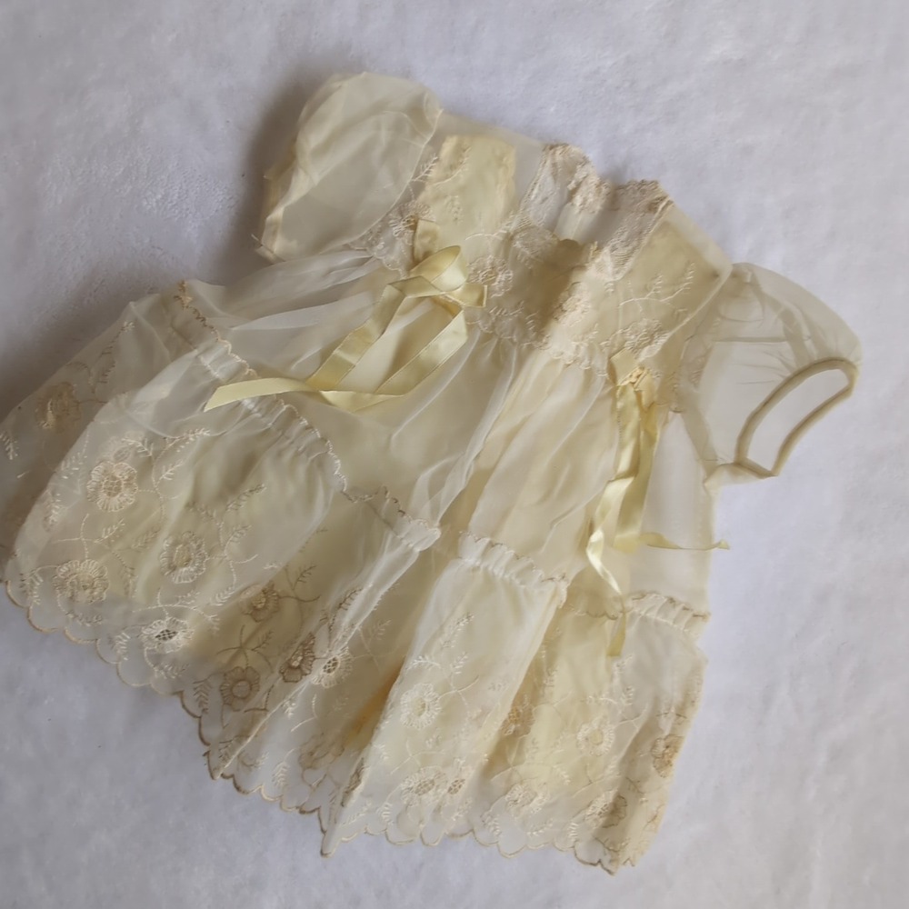 Vintage 1950s Baby Dress Slip Sheer Organza Embroidered Lace Yellow Christening